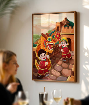 Children celebrating with dragon dance at the Great Wall
