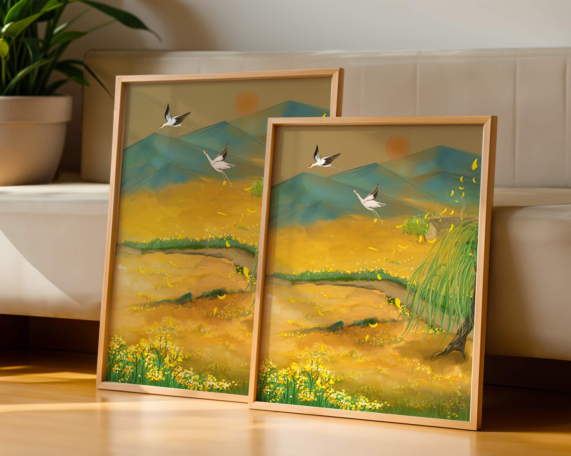Ruhige Landschaft mit fliegenden Kranichen und goldenen Blüten