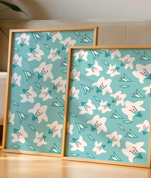 Motif floral avec des lys blancs sur un fond turquoise