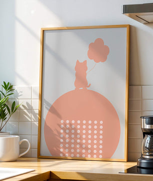 Katzensilhouette mit Ballon auf minimalistischem Kreishintergrund