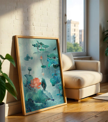 Serene aquatic landscape with lotus and water lilies in artistic style