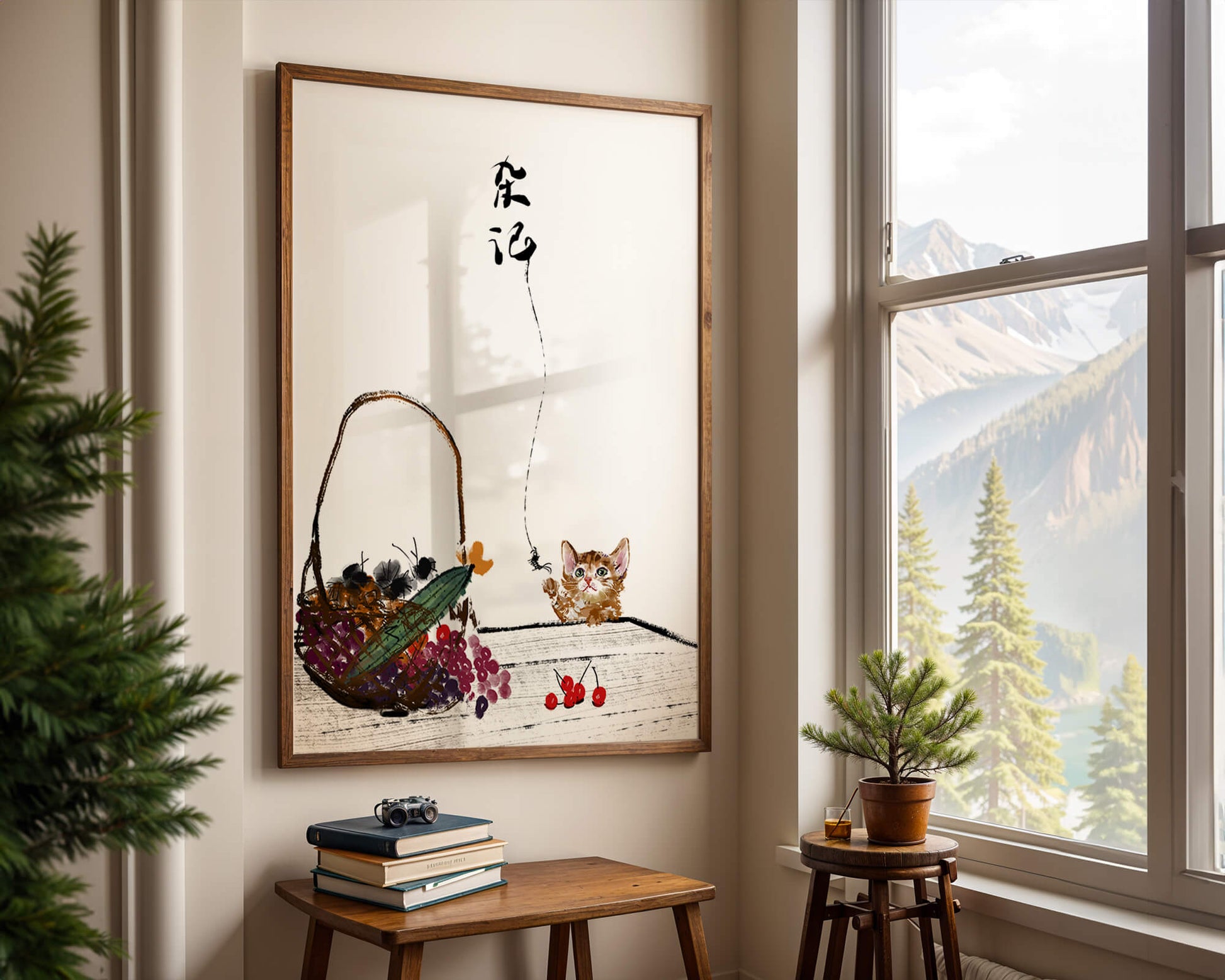 Juguetón gatito con frutas y arte de caligrafía