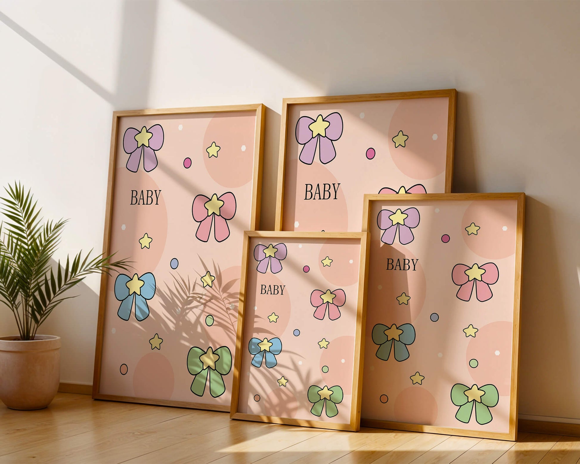 Colorful baby-themed backdrop with bows and stars