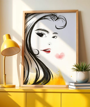 Dibujo de retrato elegante con labios rojos y motivo de corazón