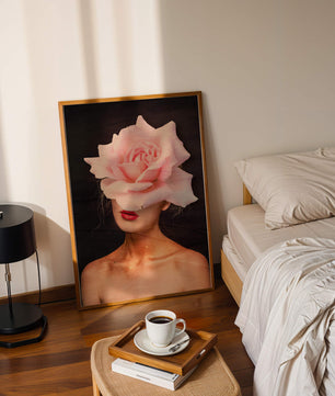 Woman with a Rose Head and Red Lips on a Dark Background - Mi tienda