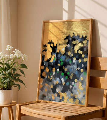 Abstract art with gold and colorful brushstrokes