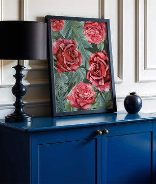 Red roses and green foliage pattern in watercolor style