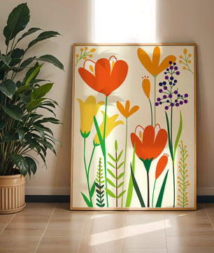 Bright Floral Illustration with Orange, Yellow, and Purple Flowers in Bold Colors