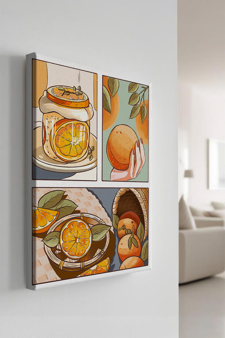 Ilustración colorida de naranjas y conservas con canasta