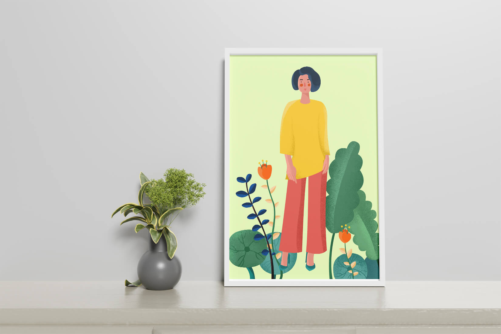 Illustration of a woman standing among colorful plants in a vibrant setting