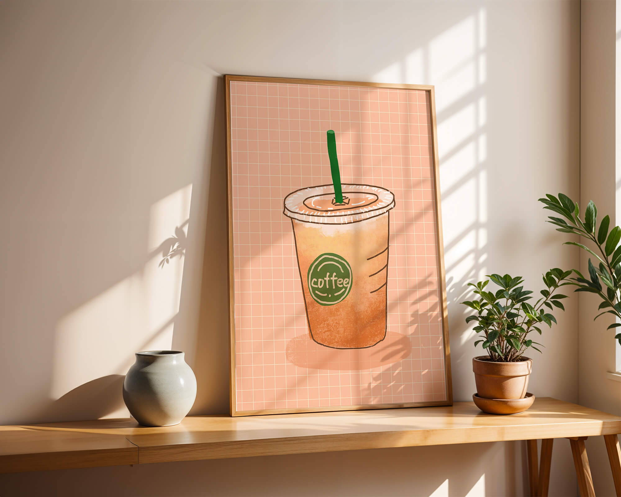 Illustrated iced coffee cup on peach grid background