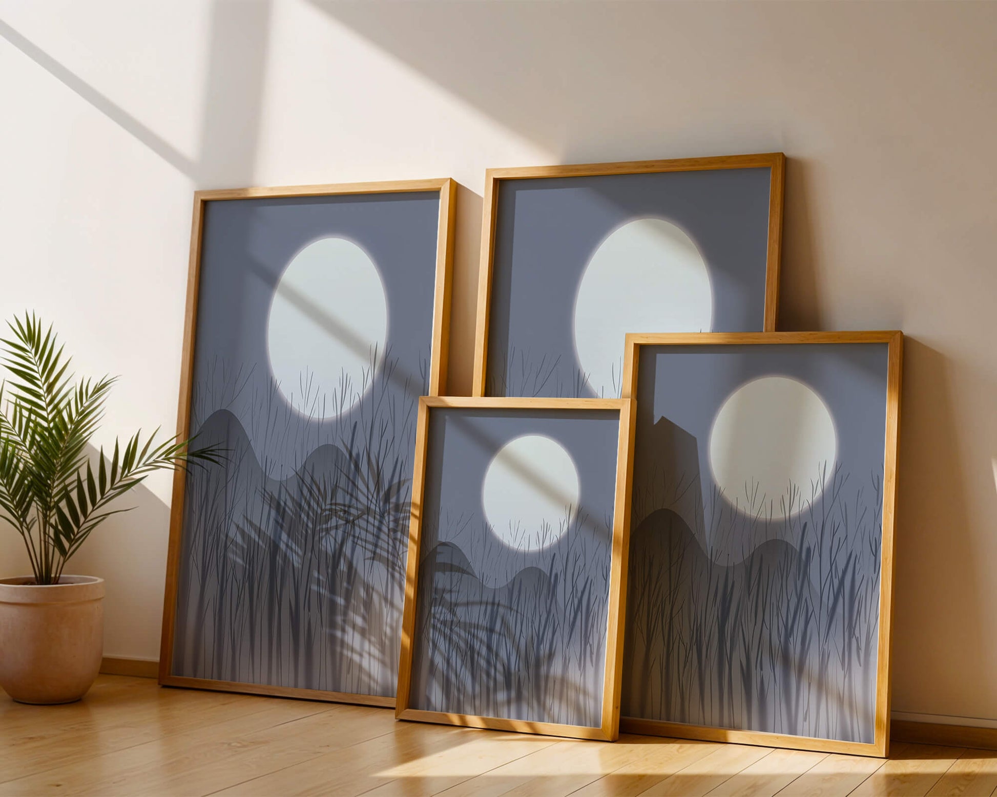Ruhige Nachtlandschaft mit Vollmond und kahlen Bäumen