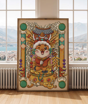 Bunte Illustration eines niedlichen Tieres in traditioneller Festtagskleidung mit goldenen Elementen