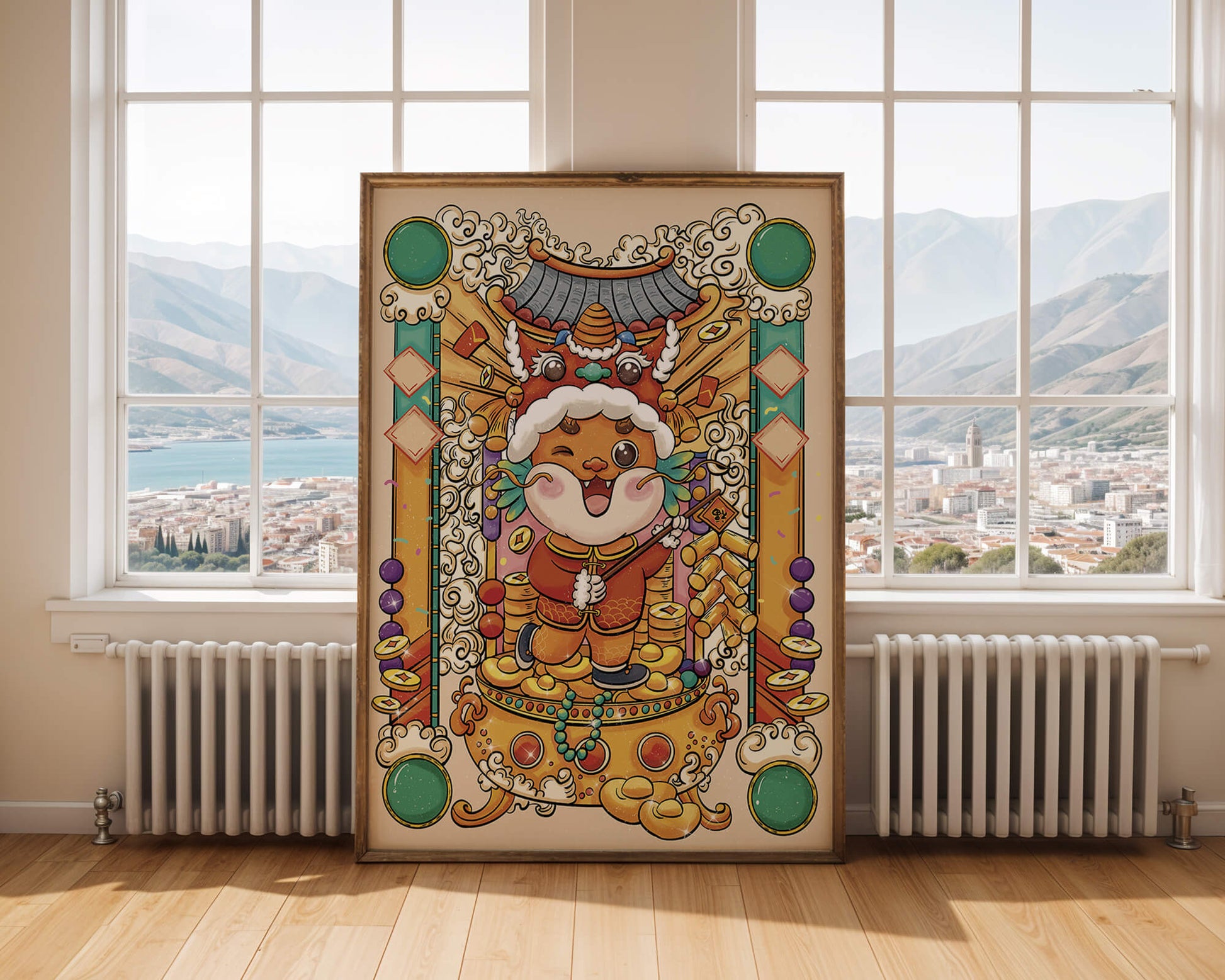 Ilustración colorida de un animal lindo en atuendo festivo tradicional con elementos dorados