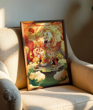 Fantastical scene with anthropomorphic animals and a dragon in a vibrant setting