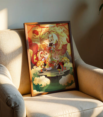 Fantastical scene with anthropomorphic animals and a dragon in a vibrant setting