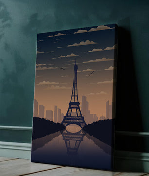 Vista escénica de la Torre Eiffel al anochecer con reflejo del horizonte urbano