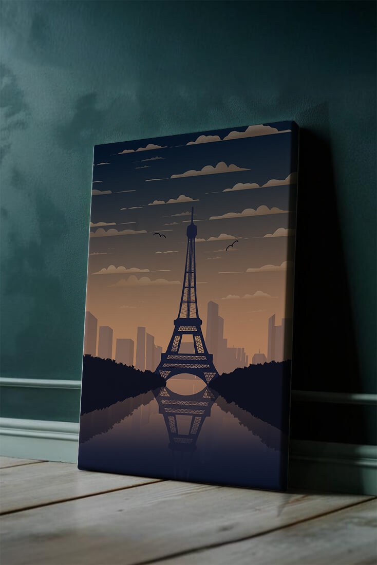 Scenic view of the Eiffel Tower at dusk with city skyline reflection