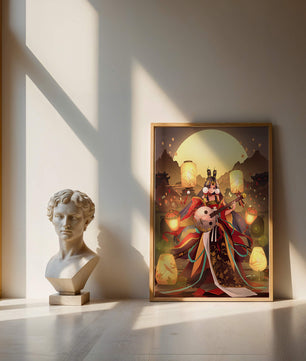 Elegant musician with traditional attire under lanterns and mountains