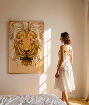 Lion Face with Intricate Golden Pattern and Flowing Mane