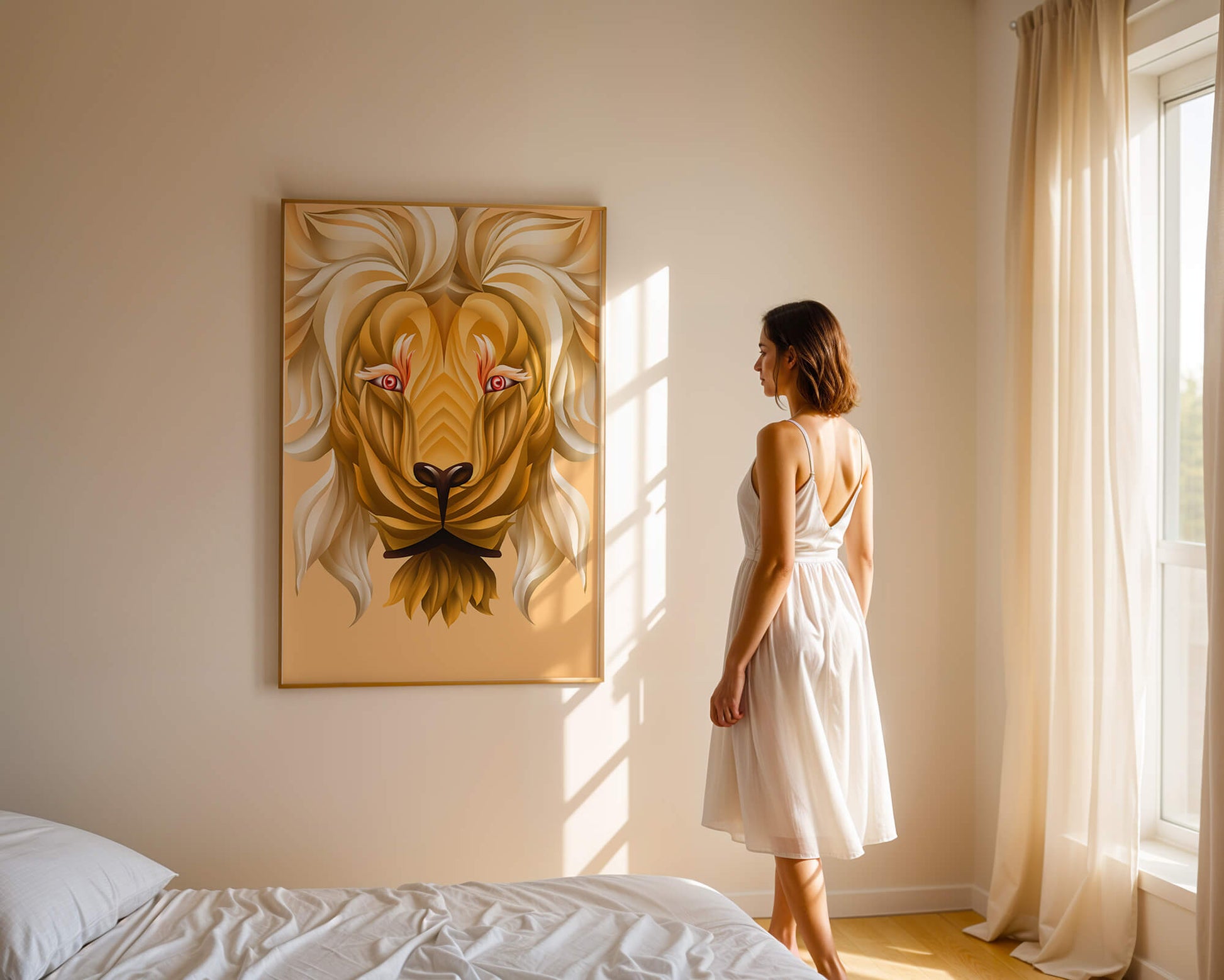 Lion Face with Intricate Golden Pattern and Flowing Mane