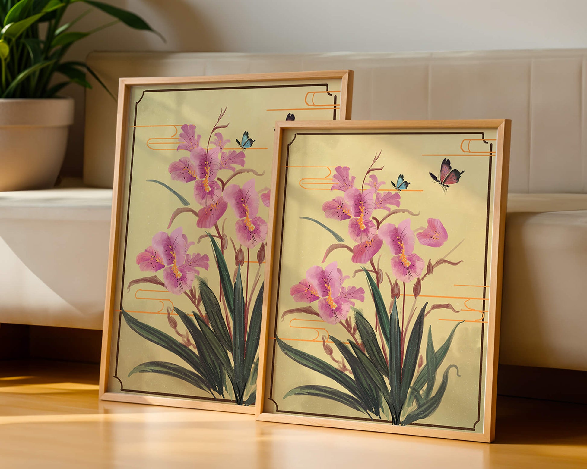 Elegant Floral Composition with Butterflies and Ornamental Background
