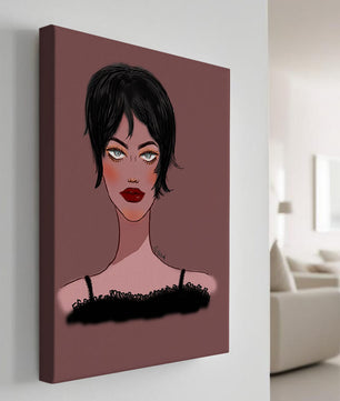 Illustration einer Frau mit kurzen schwarzen Haaren und auffälligem Make-up auf braunem Hintergrund