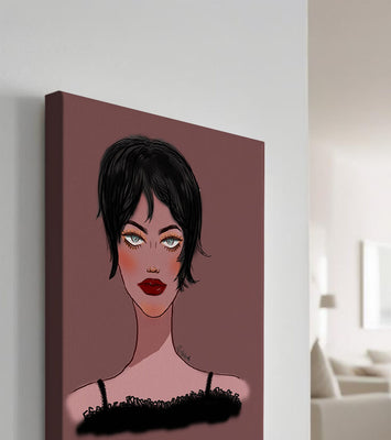 Illustration of a woman with short black hair and striking makeup on a brown background