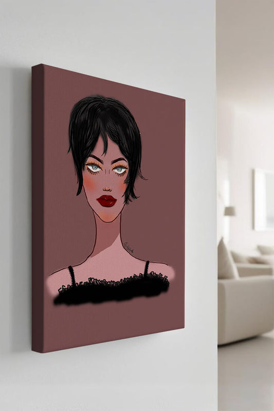 Illustration of a woman with short black hair and striking makeup on a brown background