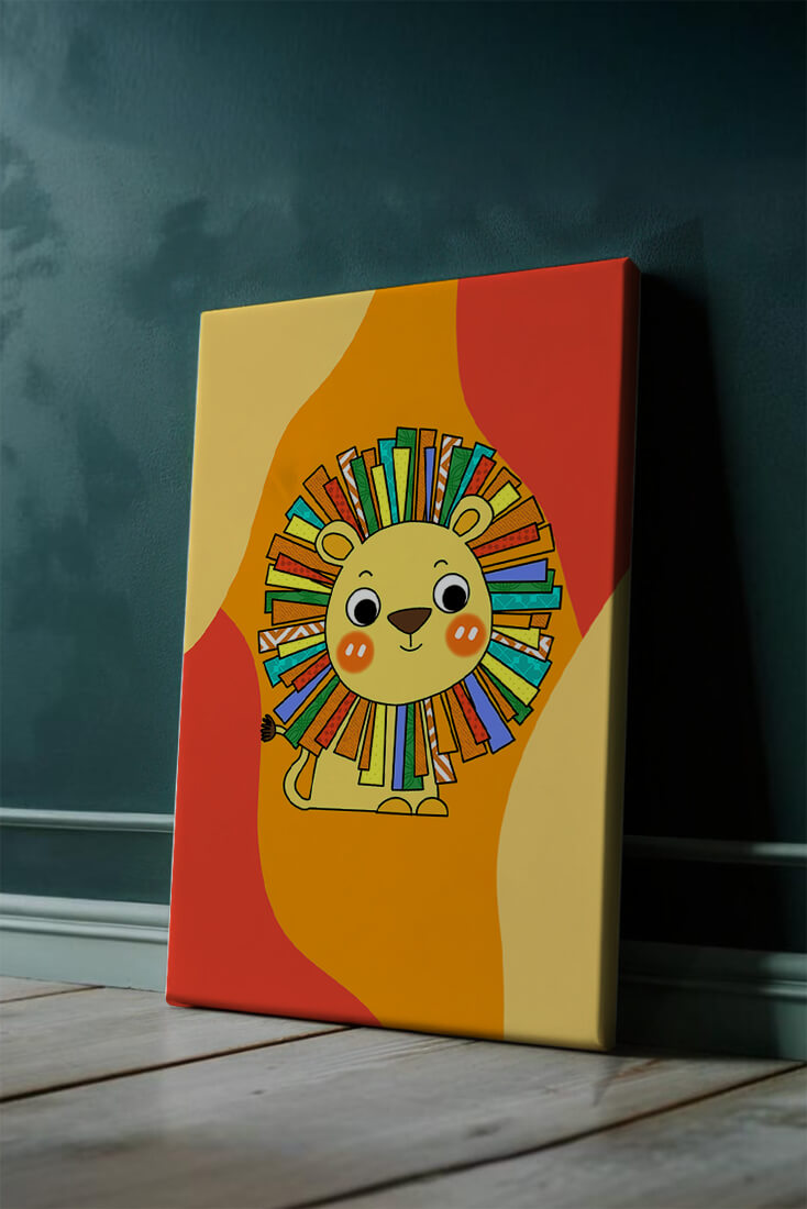 Colorful cartoon lion illustration with vibrant mane on abstract background