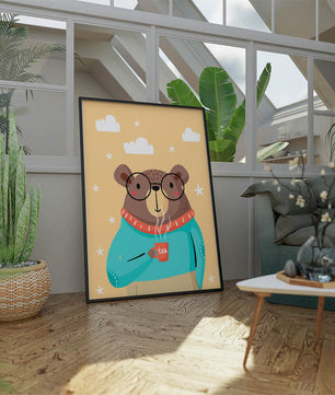Illustration of a bear with glasses holding a tea cup against a starry background