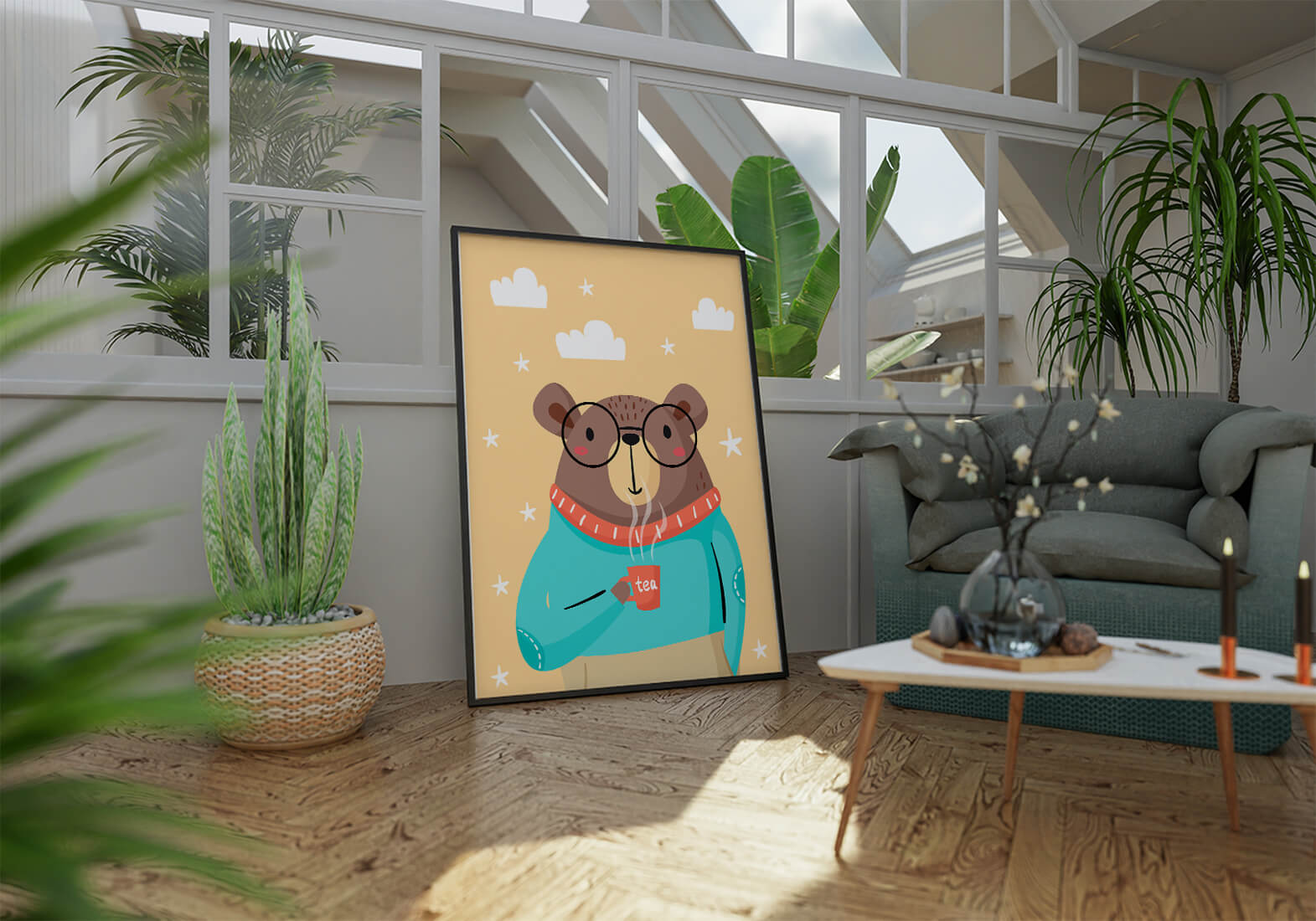 Illustration of a bear with glasses holding a tea cup against a starry background