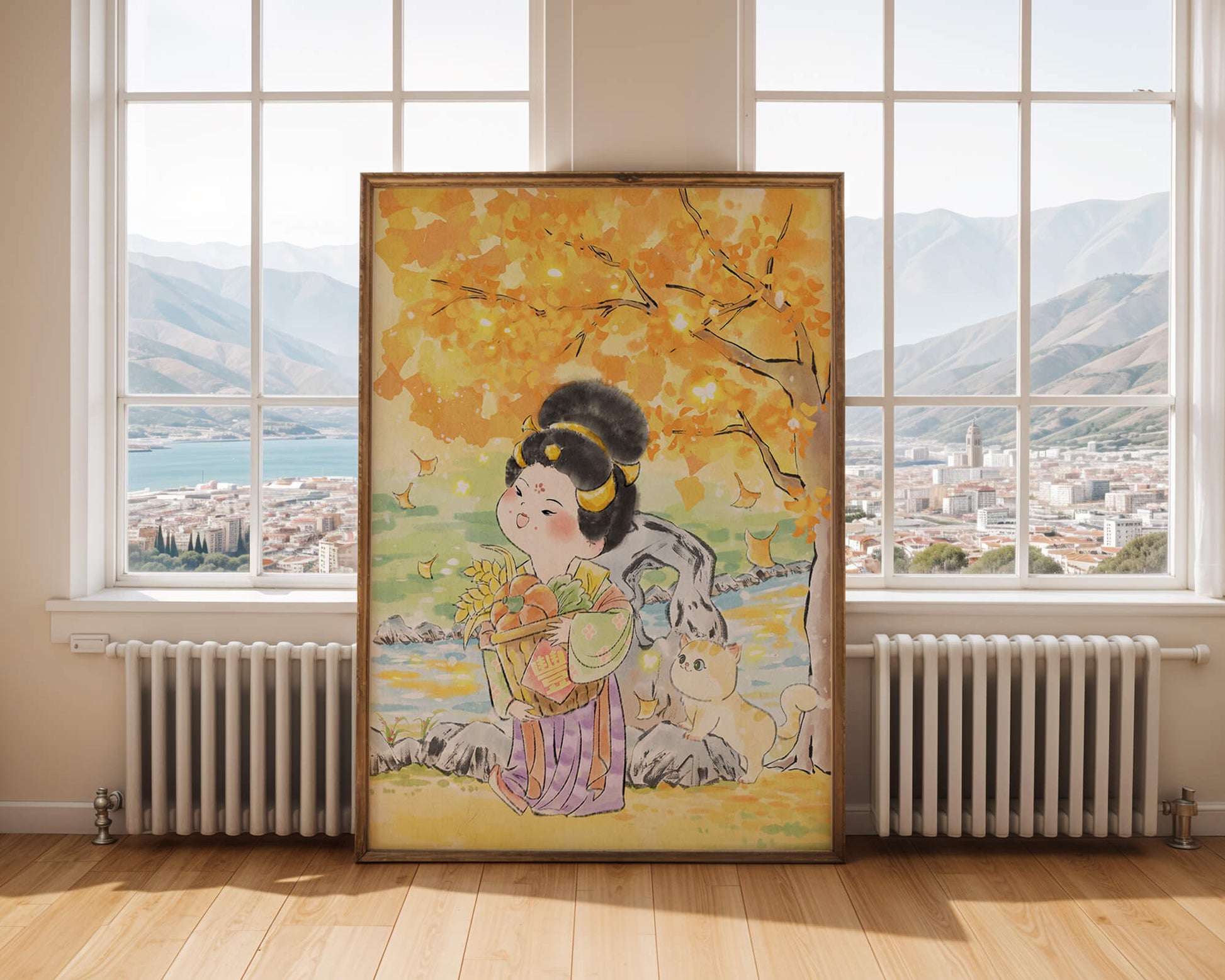 Charming watercolor scene of girl with basket in autumn setting