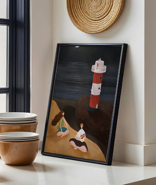 Peaceful Beach Scene with Lighthouse at Night