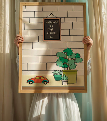 Chalkboard welcome sign with potted plants and a toy car