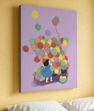 Bunte Luftballons mit einem Kind und einer Katze auf violettem Hintergrund