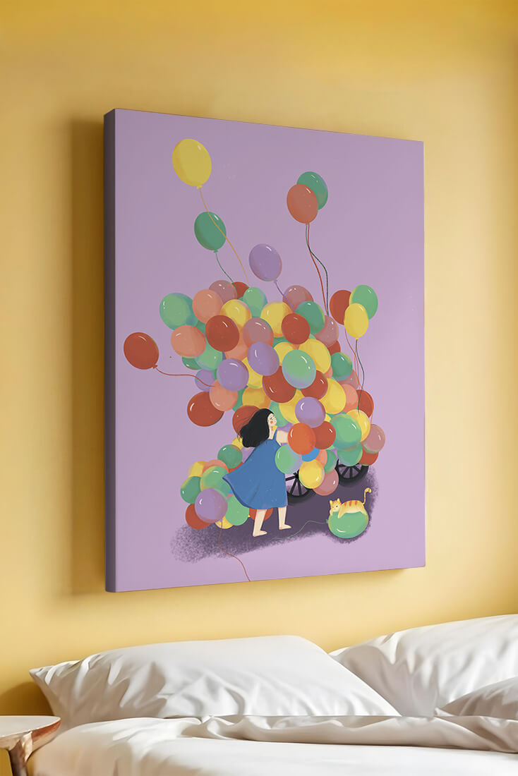 Bunte Luftballons mit einem Kind und einer Katze auf violettem Hintergrund