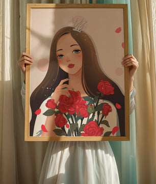 Illustration d'une fille animée avec une couronne et des roses