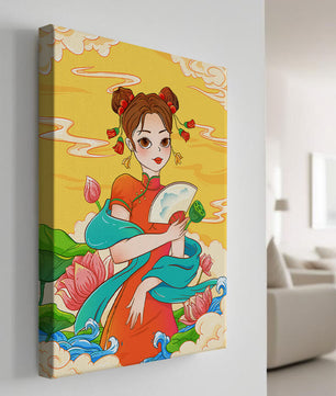 Ilustración oriental que presenta a una chica con atuendo tradicional, un abanico y flores de loto