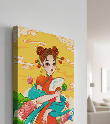 Oriental illustration featuring a girl in traditional attire with a fan and lotus flowers