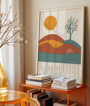 Abstract landscape with bicycle and tree in vibrant colors