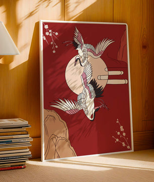 Elegant Asian-inspired artwork featuring flying cranes and cherry blossoms