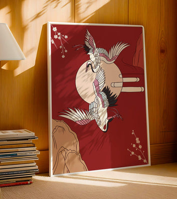 Elegant Asian-inspired artwork featuring flying cranes and cherry blossoms