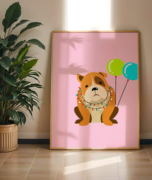 Perro de dibujos animados adorable con luces festivas y globos coloridos sobre fondo rosa