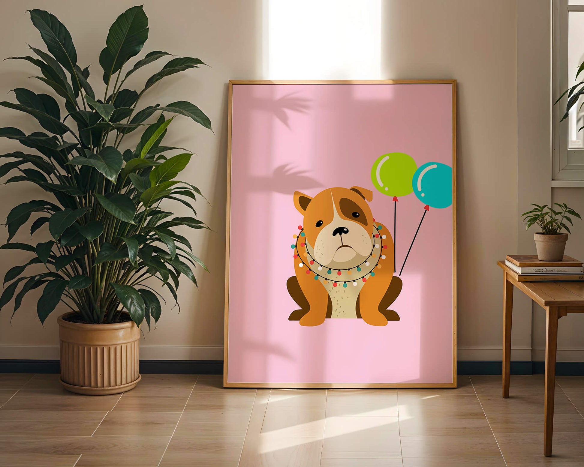 Perro de dibujos animados adorable con luces festivas y globos coloridos sobre fondo rosa
