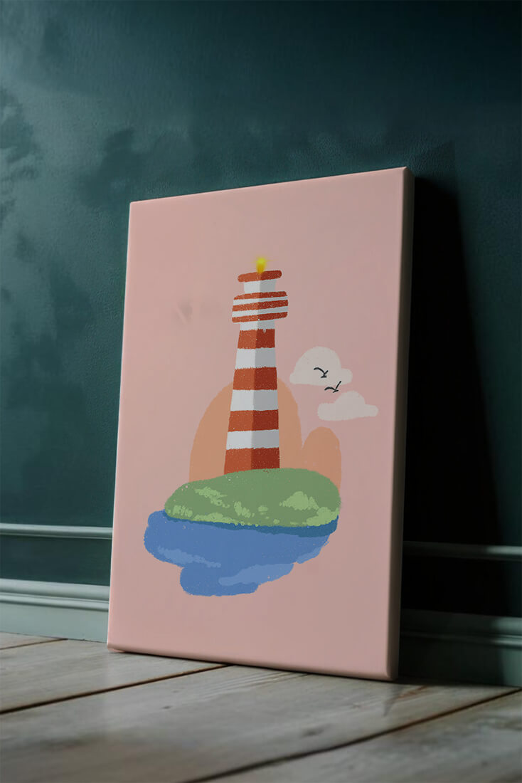 Ilustración encantadora de un faro con un entorno costero tranquilo