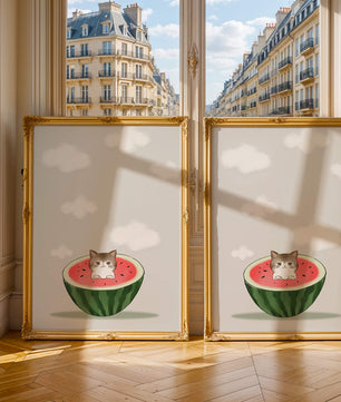 Whimsical art of a kitten in watermelon with clouds