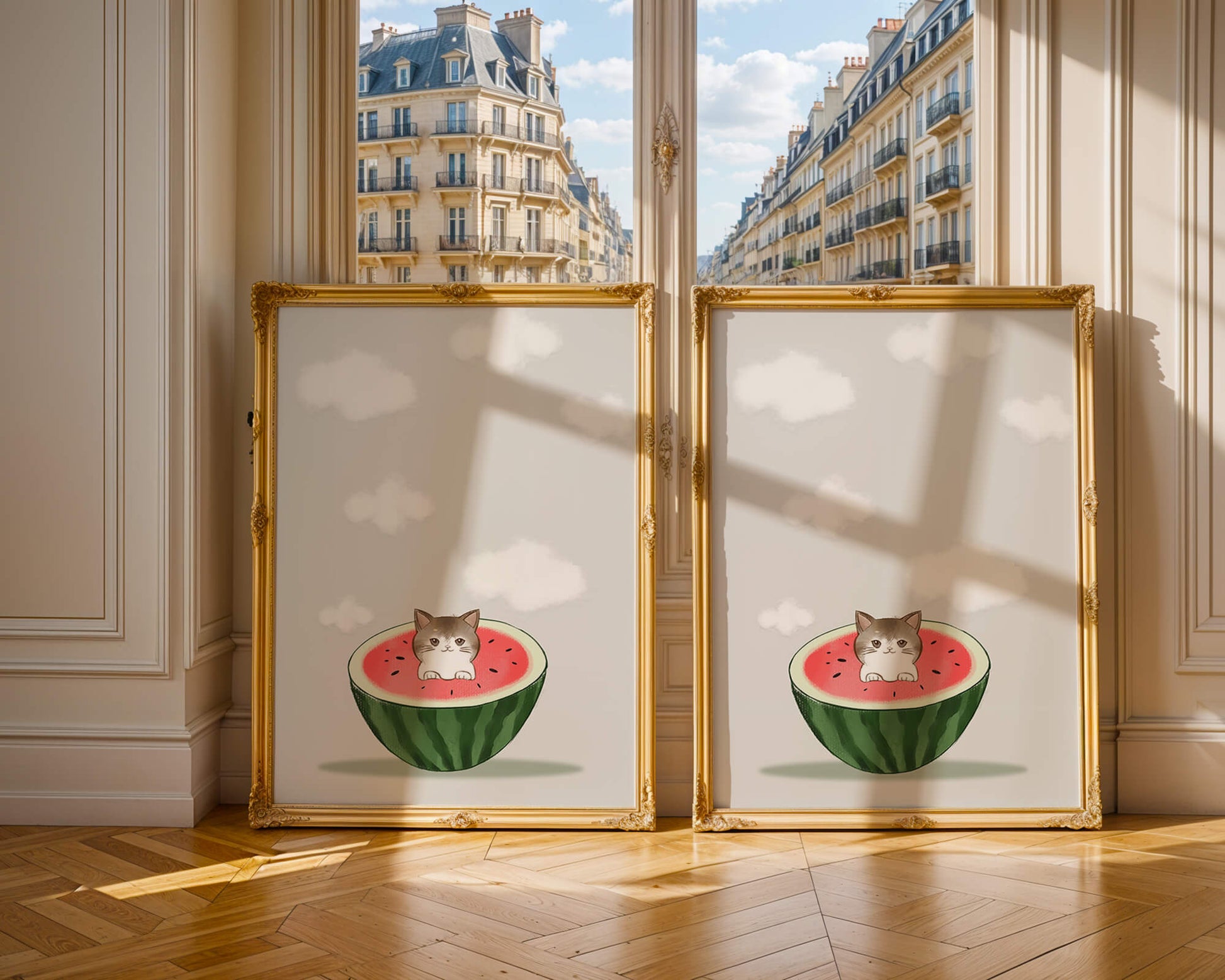 Whimsical art of a kitten in watermelon with clouds