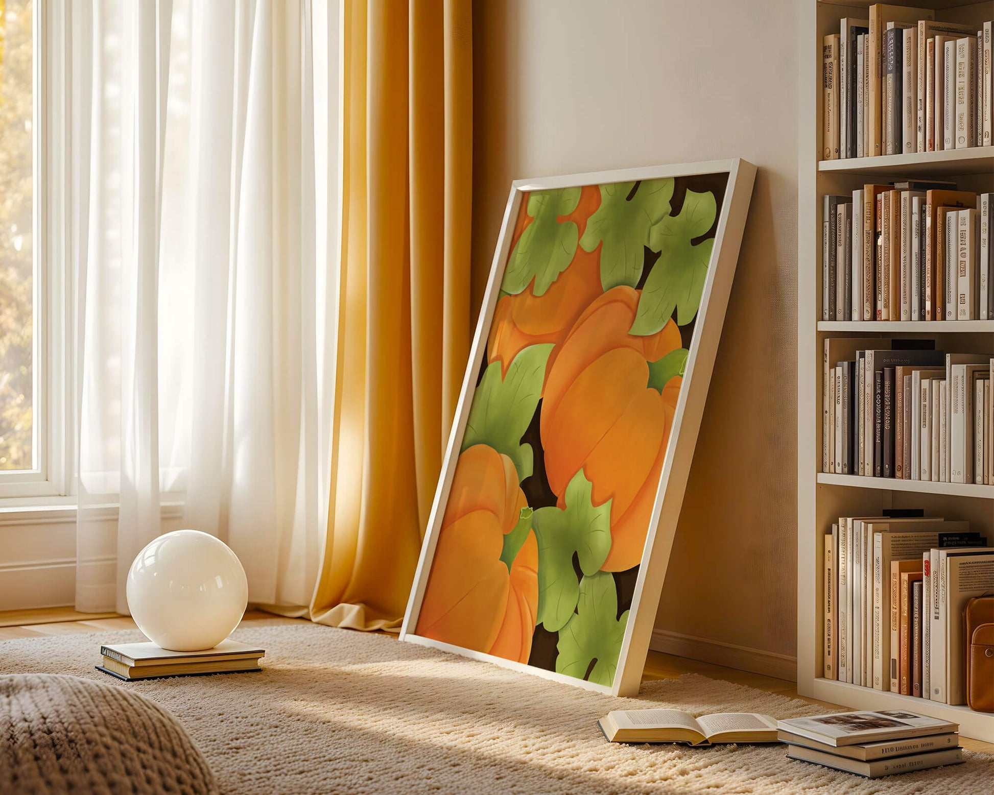 Colorful Pumpkin Pattern With Green Leaves