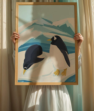 Gentoo penguins in an Antarctic landscape illustration